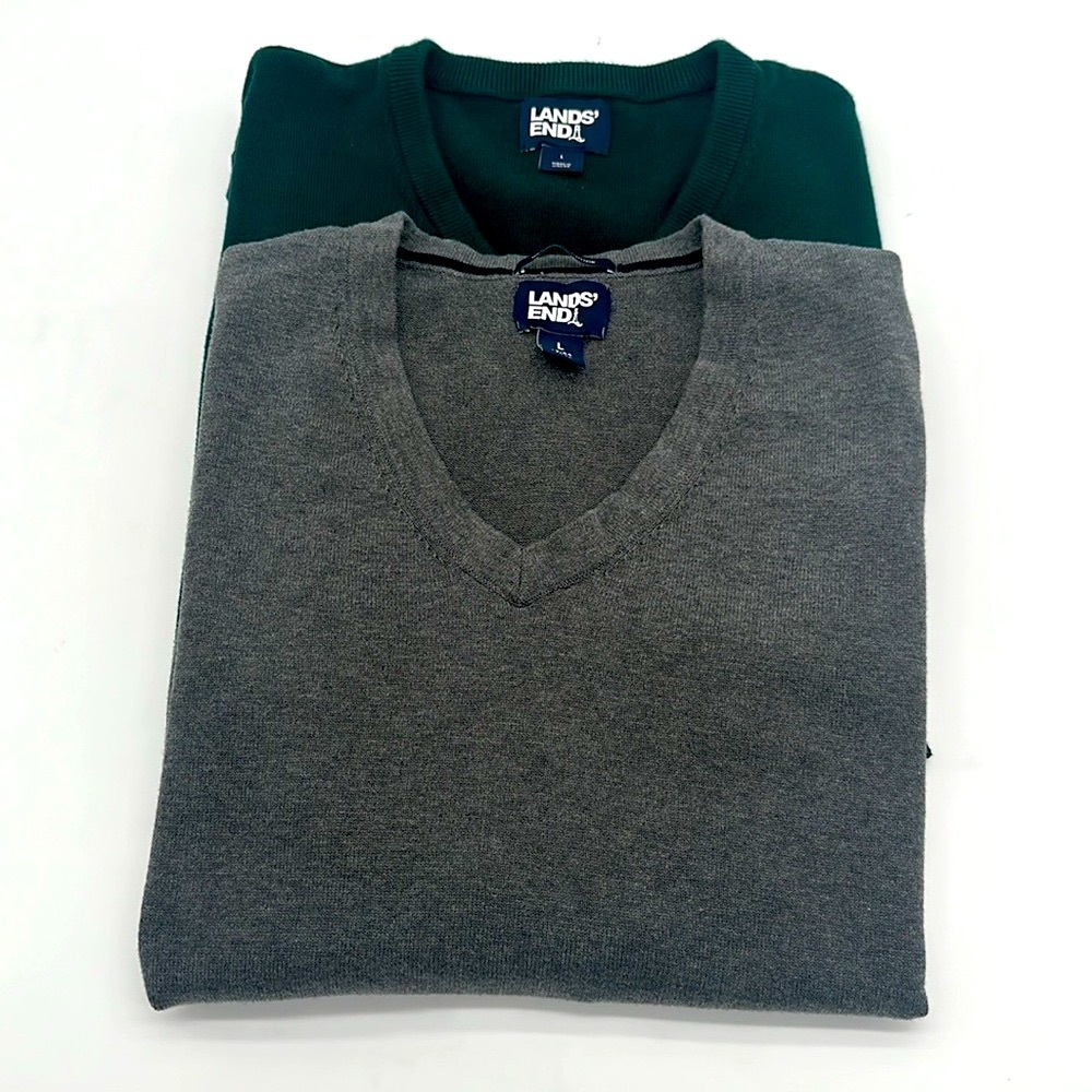 Lands' End 2 Bundle V Neck Sweater Vests One Green One Gray Mens Size Large